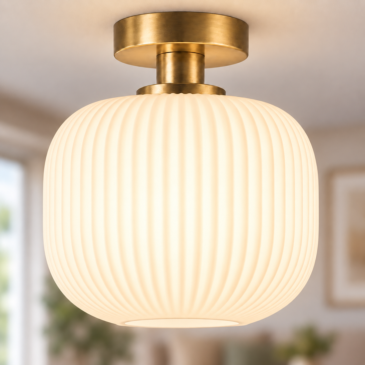Rivoli Antique Brass Ribbed Glass Ceiling Light, illuminated