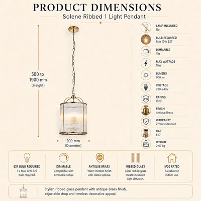 Solene Antique Brass Ribbed Glass Pendant, dimensions diagram