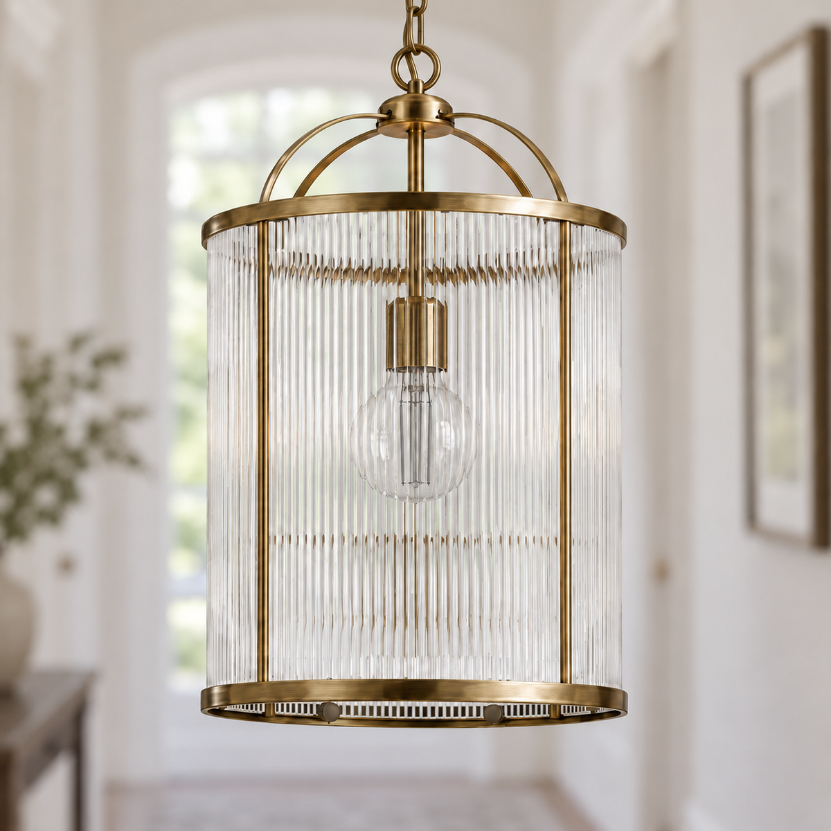 Solene Antique Brass Ribbed Glass Pendant, unlit