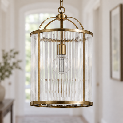 Solene Antique Brass Ribbed Glass Pendant, unlit