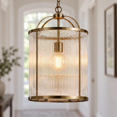 Solene Antique Brass Ribbed Glass Pendant, illuminated