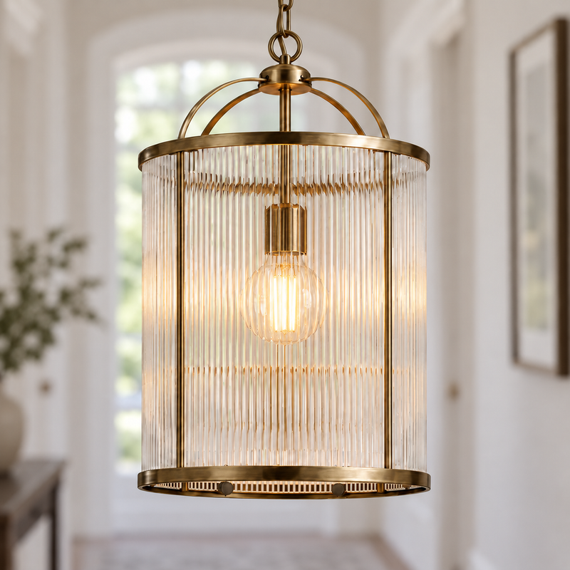 Solene Antique Brass Ribbed Glass Pendant, illuminated