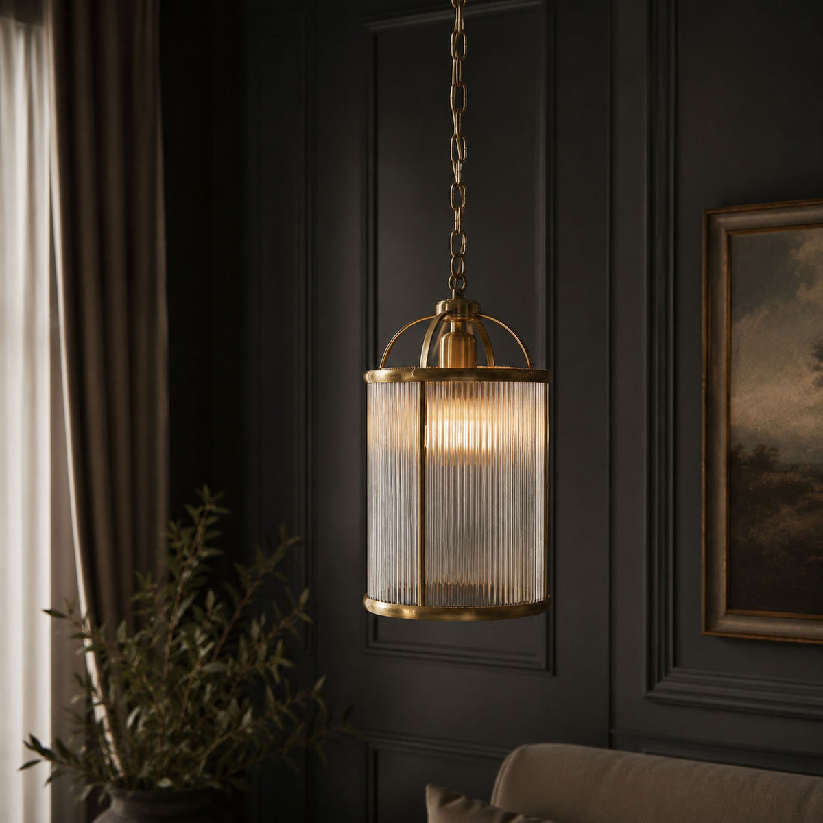 Room visualisation featuring Solene Antique Brass Ribbed Glass Pendant