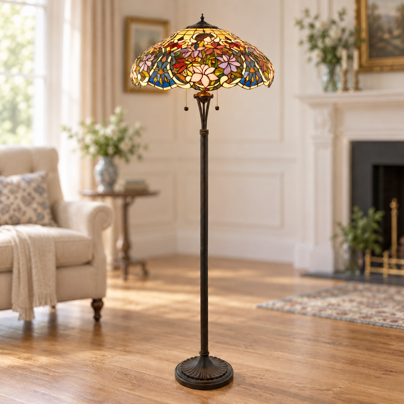 Pink & Blue Floral Tiffany Floor Lamp, illuminated