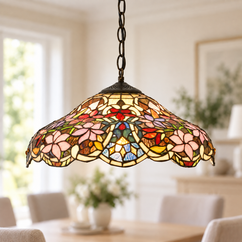 Pink & Blue Floral Tiffany Pendant Light, illuminated