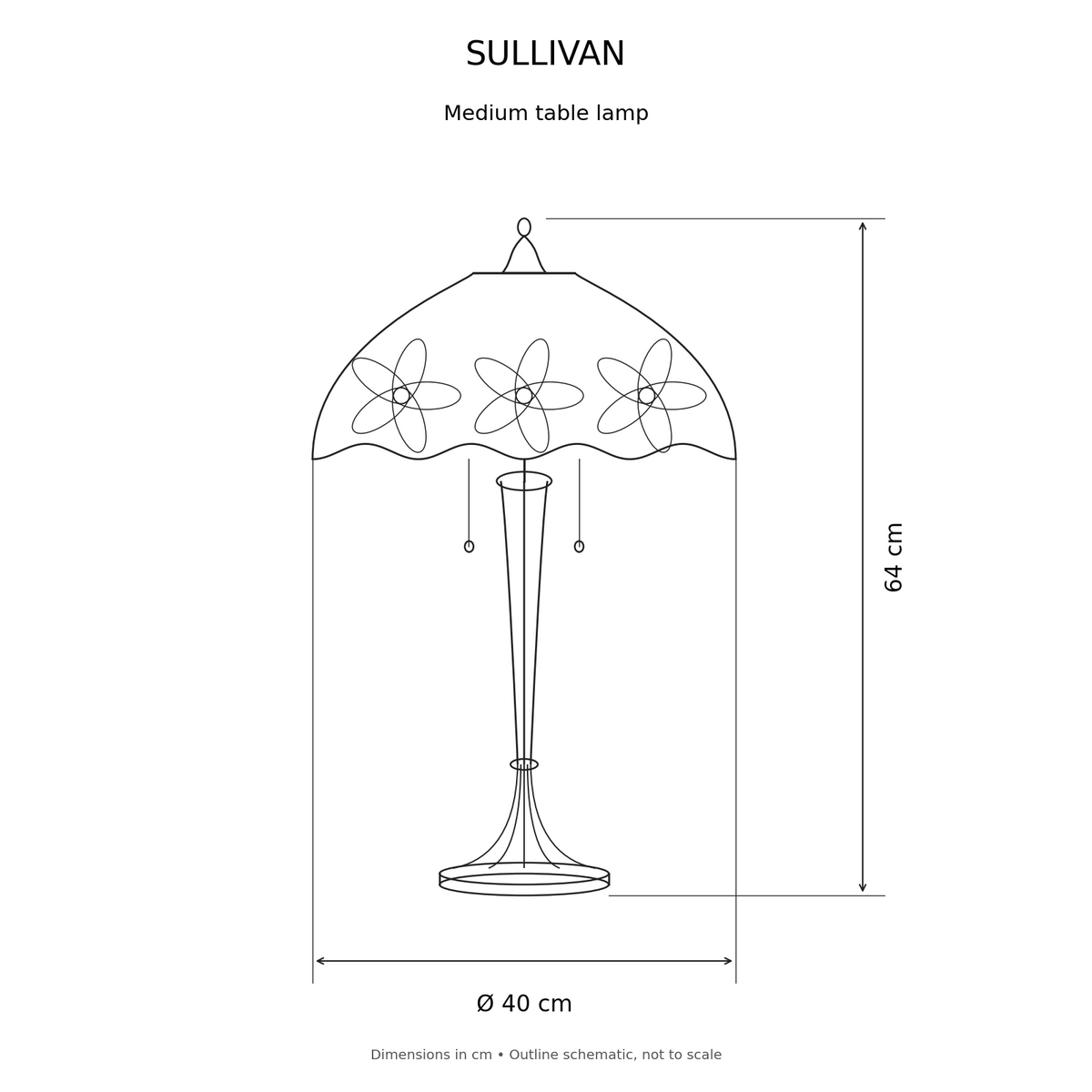 Sullivan Floral Tiffany Medium Table Lamp - dimension schematic in centimetres