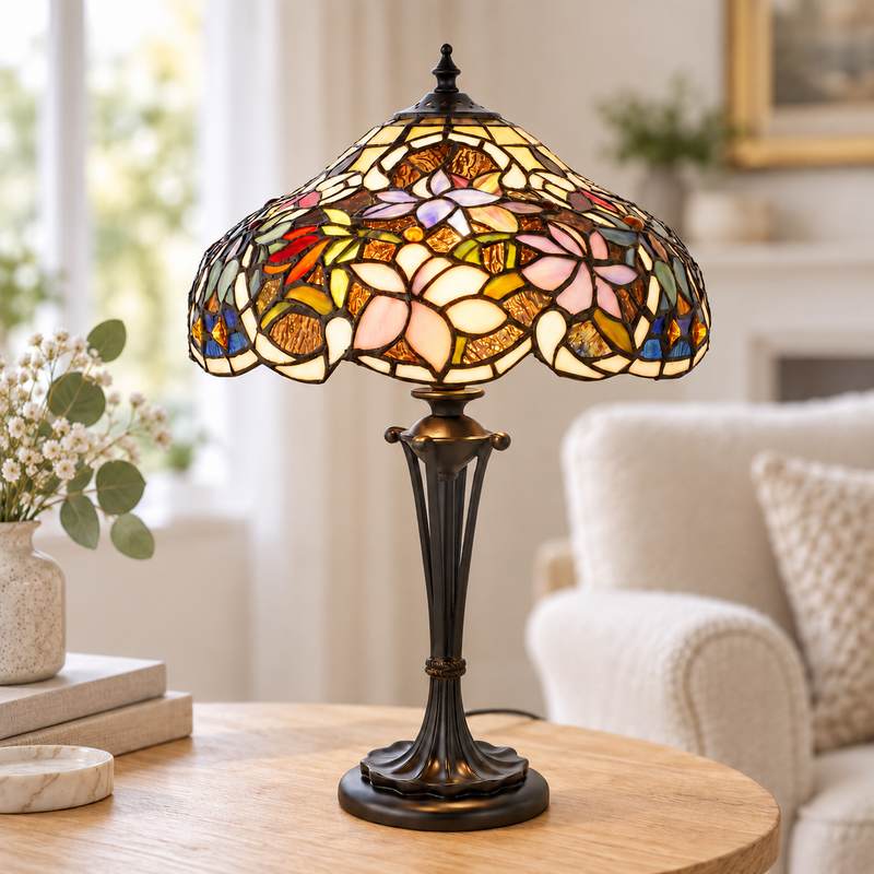 Pink & Blue Floral Tiffany Small Table Lamp, illuminated