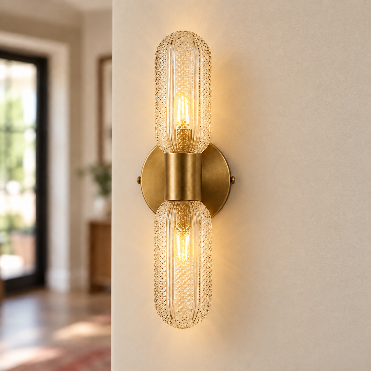 Verona Antique Brass & Glass Up Down Wall Light, illuminated