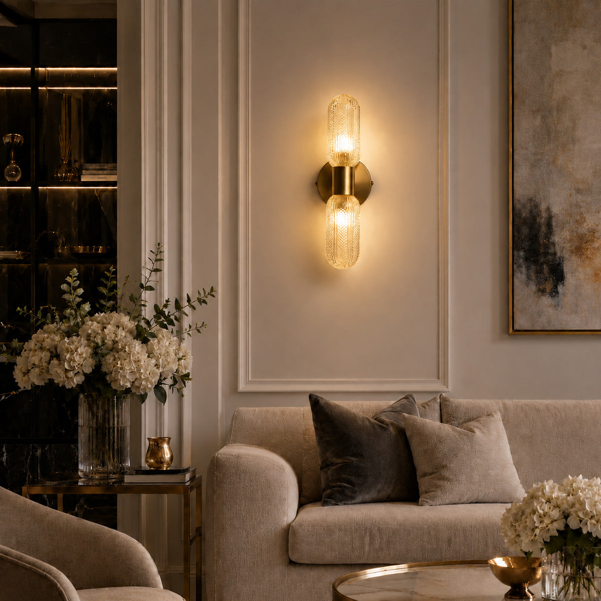 Room visualisation featuring Verona Antique Brass & Glass Up Down Wall Light