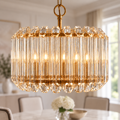 Veyra 3-Light Gold & Glass Art Deco Pendant, illuminated